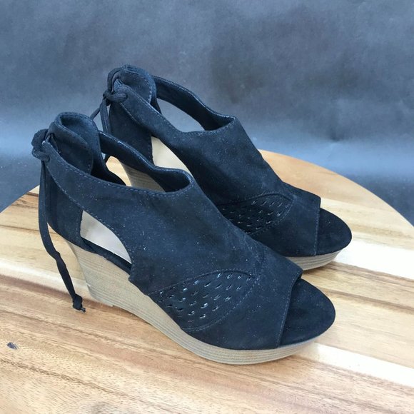 Maurices Black D'Orsay Peep Toe Wedge Sandals Adjustable Lace Up Womens Size 6 B - Picture 1 of 6